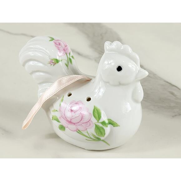 Rooster Chicken Potpourri Holder Hanging 4 1/4" Pink Rose Design 90s Porcelain - Picture 9 of 15